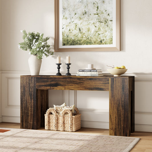 Epecoya Long Sofa Console Table for Entryway Living Room, 63-Inch Farmhouse Wood Behind Couch Table, Rectangular Accent Console with Wooden Double Base for Hallway Foyer Entrance, Rustic Brown