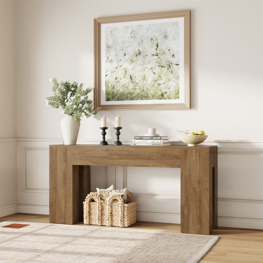 Epecoya Long Sofa Console Table for Entryway Living Room, 63-Inch Farmhouse Wood Behind Couch Table, Rectangular Accent Console with Wooden Double Base for Hallway Foyer Entrance, Natural Oak