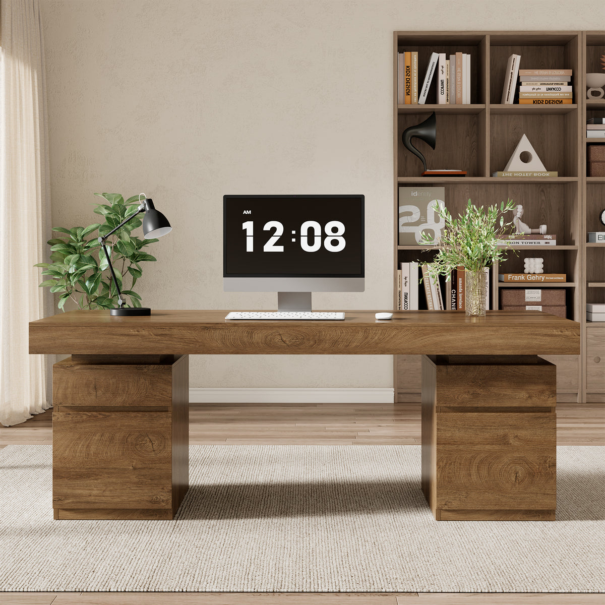 71-Inch Wood Executive Desk with Storage, Home Office Desk Large Computer Desk with Drawers & Cabinets, Farmhouse Writing Table for Work, Study, Business Workstation, Natural Oak Brown