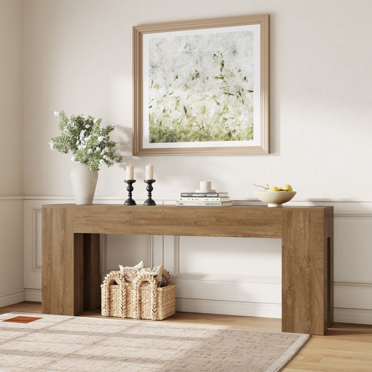 Extra Long Sofa Console Table for Entryway Living Room, 80-Inch Farmhouse Wood Behind Couch Table, Rectangular Accent Console with Wooden Double Base for Hallway Foyer Entrance, Natural Oak Brown