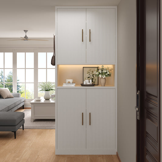 66-Inch Tall Shoe Cabinet with Fluted Door and LED Light for Entryway, Modern Large 9-Tier Freestanding Shoe Storage Organizer with Adjustable Shelves Open Shelf for Closet, Living Room, White