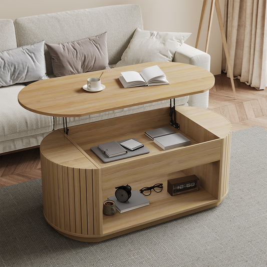 47-Inch Lift Top Wood Coffee Table with Hidden Storage Compartment and Open Shelf for Living Room, Fluted Oval Center Tea Table with Wooden Lift-Top for Apartment, Small Space, Brown