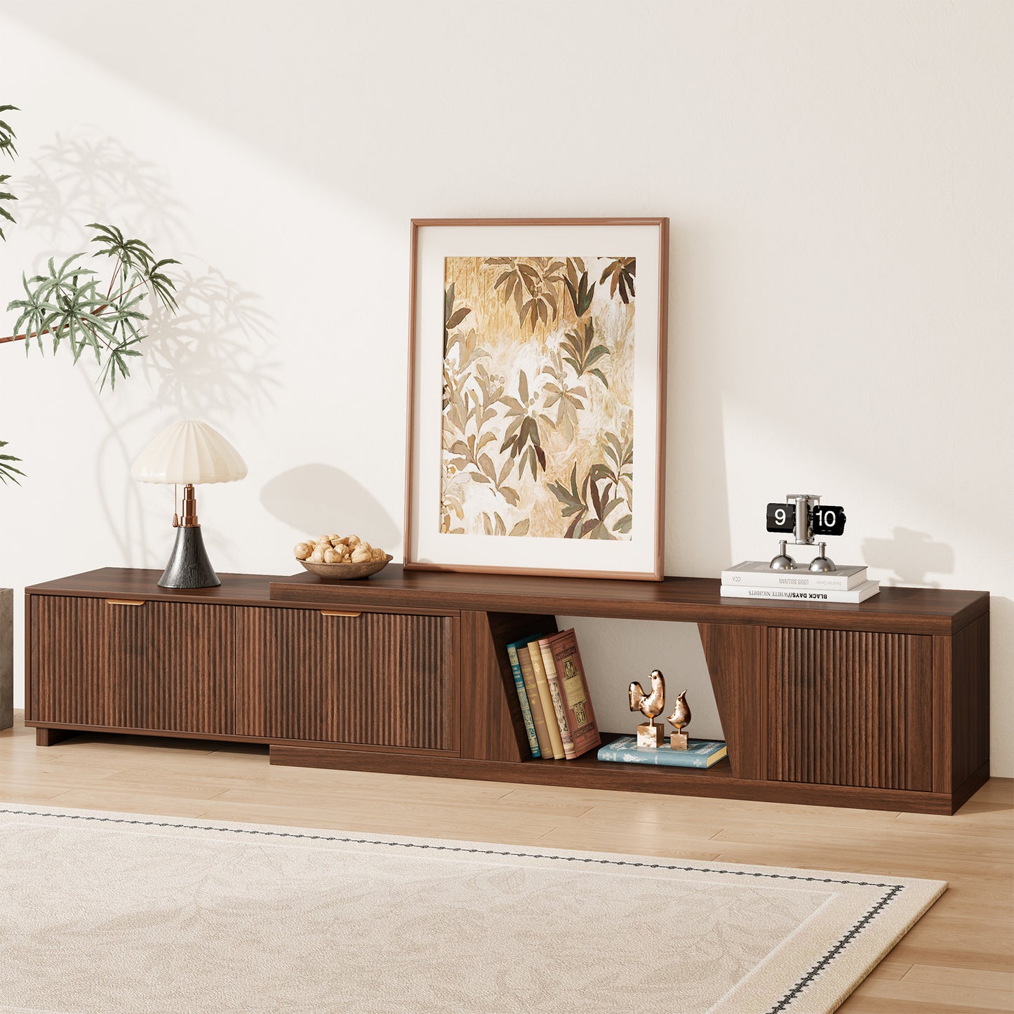 98-Inch TV Stand Extendable for Living Room, Extra Long TV Console with Storage Cabinets and Adjustable Shelf, Mid Century Modern TV Stand Flutted, Walnut Brown (64.57" W-98.43" W)