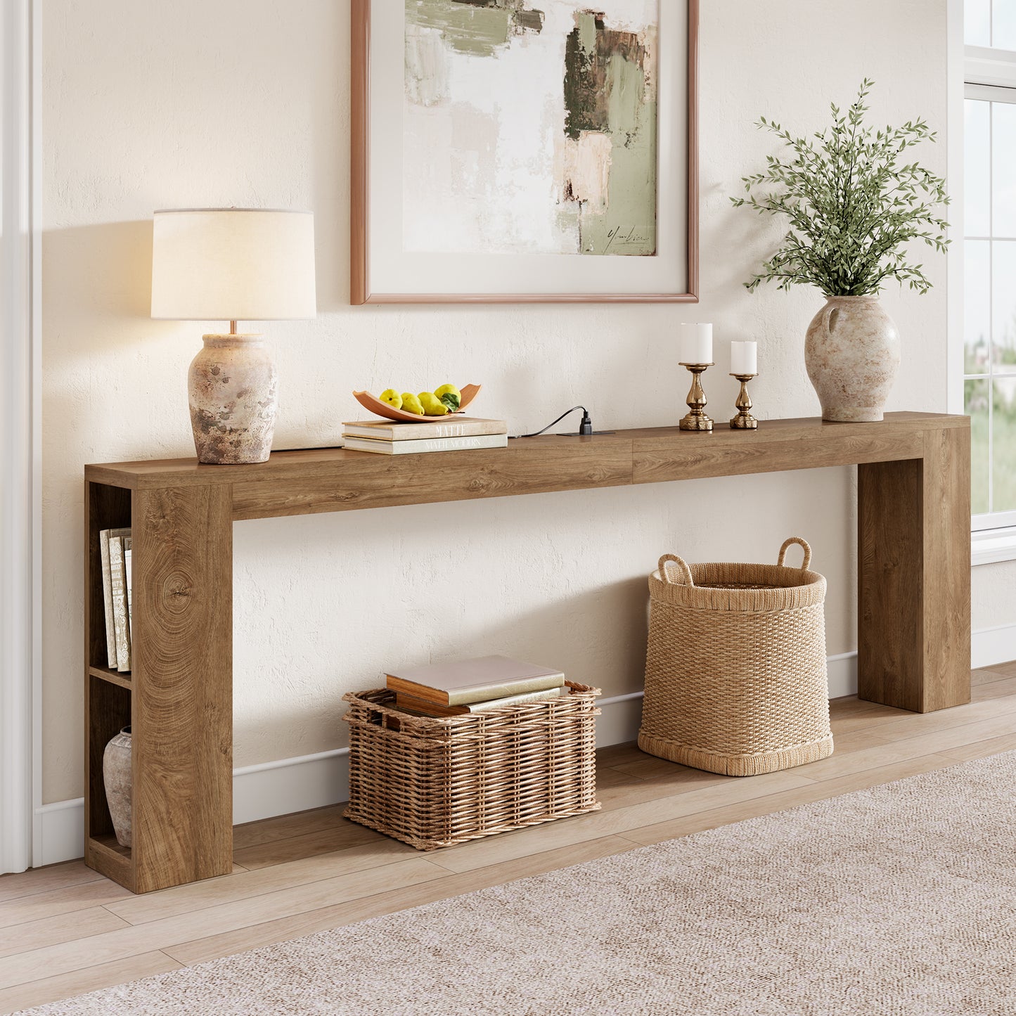 94.5-Inch Extra Long Console Table with USB Outlet & Storage, Narrow Sofa Behind Couch Table with Charging Station, Farmhouse Wood Entryway Table for Hallway Foyer Living Room, Oak Brown