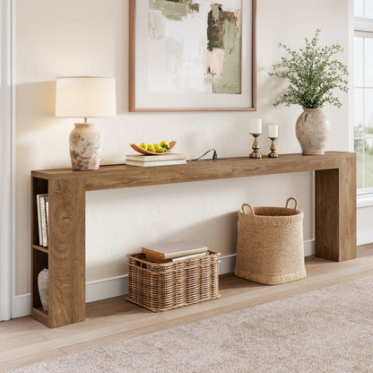 94.5-Inch Extra Long Console Table with USB Outlet & Storage, Narrow Sofa Behind Couch Table with Charging Station, Farmhouse Wood Entryway Table for Hallway Foyer Living Room, Oak Brown