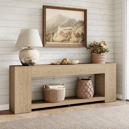 Console Table for Entry Way with Storage 86 Inch, Extra Long Sofa Table Behind Couch for Living Room, Wooden Entryway Entrance Table with 2-Tier Shelves, Light Oak