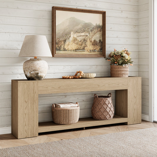 Console Table for Entry Way with Storage 86 Inch, Extra Long Sofa Table Behind Couch for Living Room, Wooden Entryway Entrance Table with 2-Tier Shelves, Light Oak