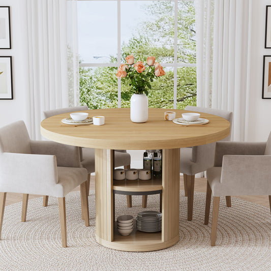 47-Inch Round Wood Dining Table with Open Storage Shelves for Dining Room, 4-6 People Farmhouse Circle Kitchen Dinner Tables with Fluted Design for Living Room, Apartments, Light Oak Brown