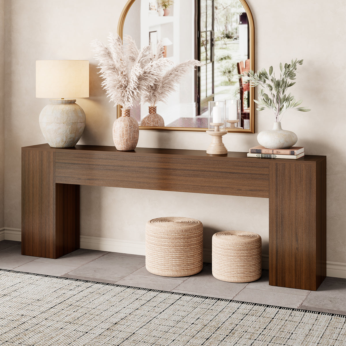 86-Inch Console Table Behind Couch Mid Century, Walnut Brown Wooden Sofa Table Narrow Long, Extra Long Console Table for Entryway, Hallway, Living Room