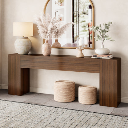 86-Inch Console Table Behind Couch Mid Century, Walnut Brown Wooden Sofa Table Narrow Long, Extra Long Console Table for Entryway, Hallway, Living Room