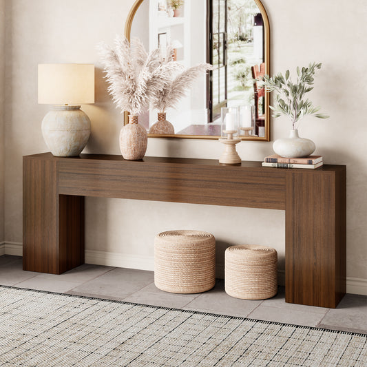 86-Inch Console Table Behind Couch Mid Century, Walnut Brown Wooden Sofa Table Narrow Long, Extra Long Console Table for Entryway, Hallway, Living Room
