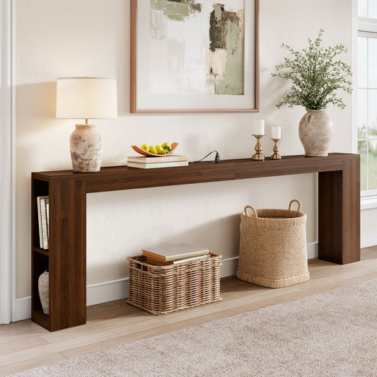 94.5" Narrow Console Table with USB Charging & Side Shelves, Walnut | Extra Long Thin Table for Behind Sofa Couch,Entryway, Hallway,94.5"W x 12"D x 31.5"H, Walnut Wood, USB Ports Charging