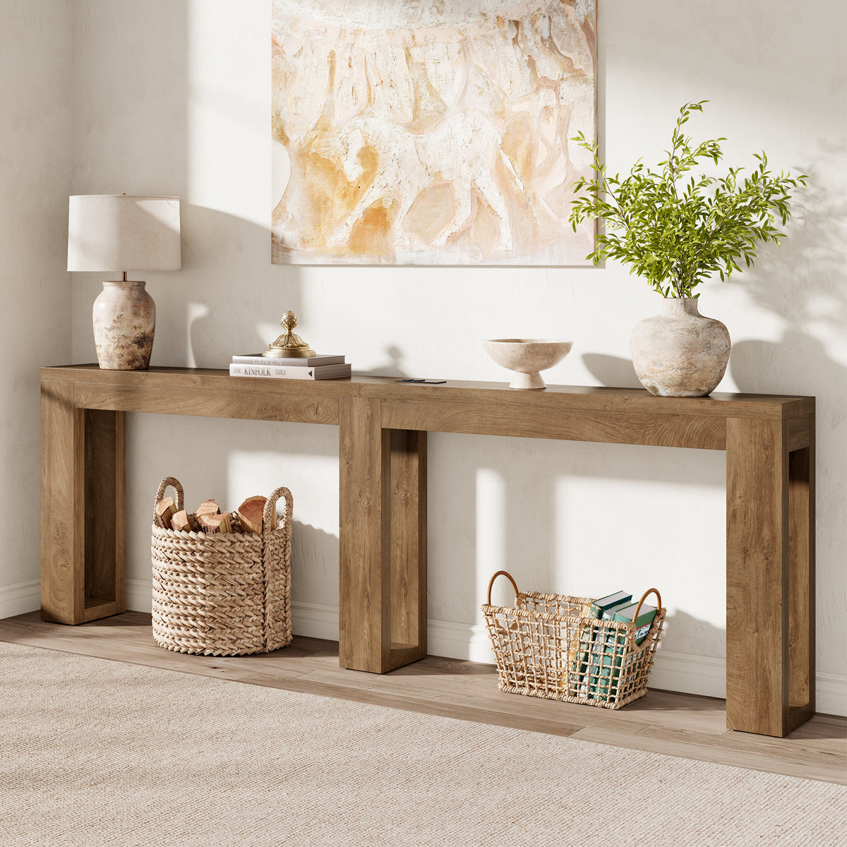 94.5'' Extra Long Console Table, Narrow Sofa Behind Couch Table with Outlet Skinny Entryway Table with USB Charging, Farmhouse Wood Foyer Table for Hallway, Living Room, Natural Oak