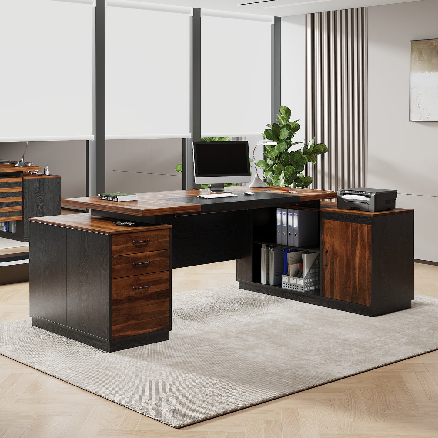 L-Shaped Executive Desk with Power Outlet, 78-Inch Large Office Desk with Drawer and Lateral File Cabinet, Modern Computer Table with Open Shelf and Storage Cabinet for Home Office Study, Brown Black
