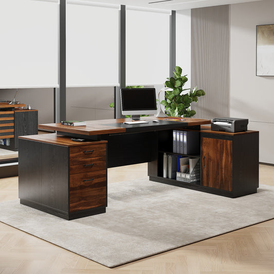 L-Shaped Executive Desk with Power Outlet, 78-Inch Large Office Desk with Drawer and Lateral File Cabinet, Modern Computer Table with Open Shelf and Storage Cabinet for Home Office Study, Brown Black