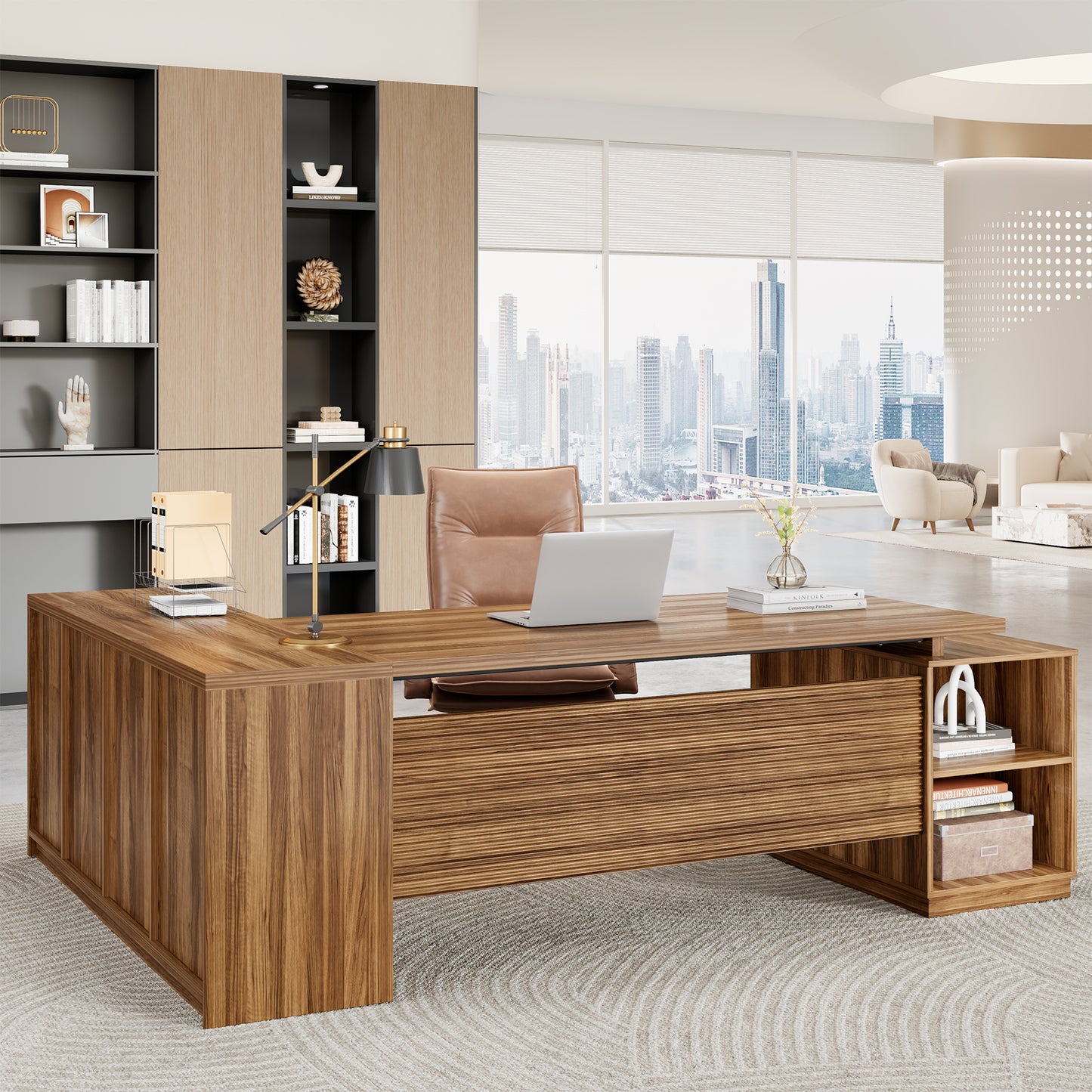 78 Inch L-Shaped Executive Desk with Drawer, Large Home Office Desk with File Cabinet, Modern Fluted Computer Table with Storage Open Shelves, Wood Business Furniture for Boss, Oak Brown