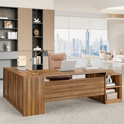 78 Inch L-Shaped Executive Desk with Drawer, Large Home Office Desk with File Cabinet, Modern Fluted Computer Table with Storage Open Shelves, Wood Business Furniture for Boss, Oak Brown
