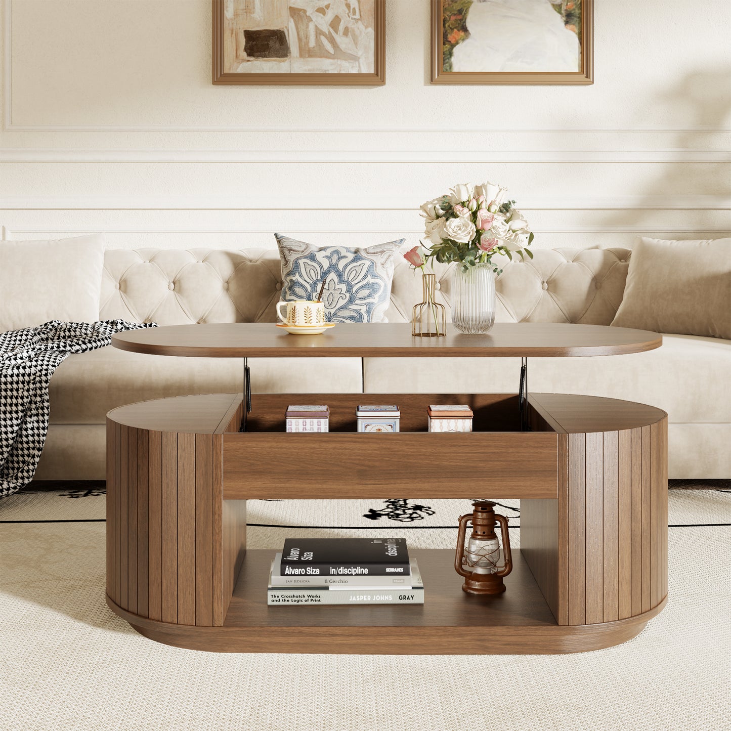 Lift Top Coffee Table, Oval Fluted Coffee Table with Storage for Living Room, Mid Century Modern Wooden Center Tables with 2 Tier Shelf, 43 Inch Tea Table Hidden Compartment for Home Office, Walnut