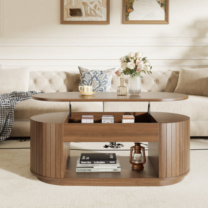 Lift Top Coffee Table, Oval Fluted Coffee Table with Storage for Living Room, Mid Century Modern Wooden Center Tables with 2 Tier Shelf, 43 Inch Tea Table Hidden Compartment for Home Office, Walnut