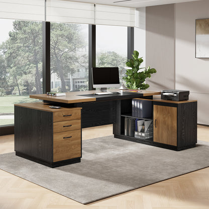 Extra Large L-Shaped Executive Desk with Drawers, Oak Brown Black 78-Inch Modern Home Office Desks with Storage Cabinets, Wooden Computer Workstation Desk for Studio