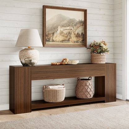Extra Long Console Table with Open Shelf 86-Inch, Walnut Brown | 2-Tier Sofa Table Behind Couch with Storage, Mid Century Console Table for Entryway, Entrance, Living Room