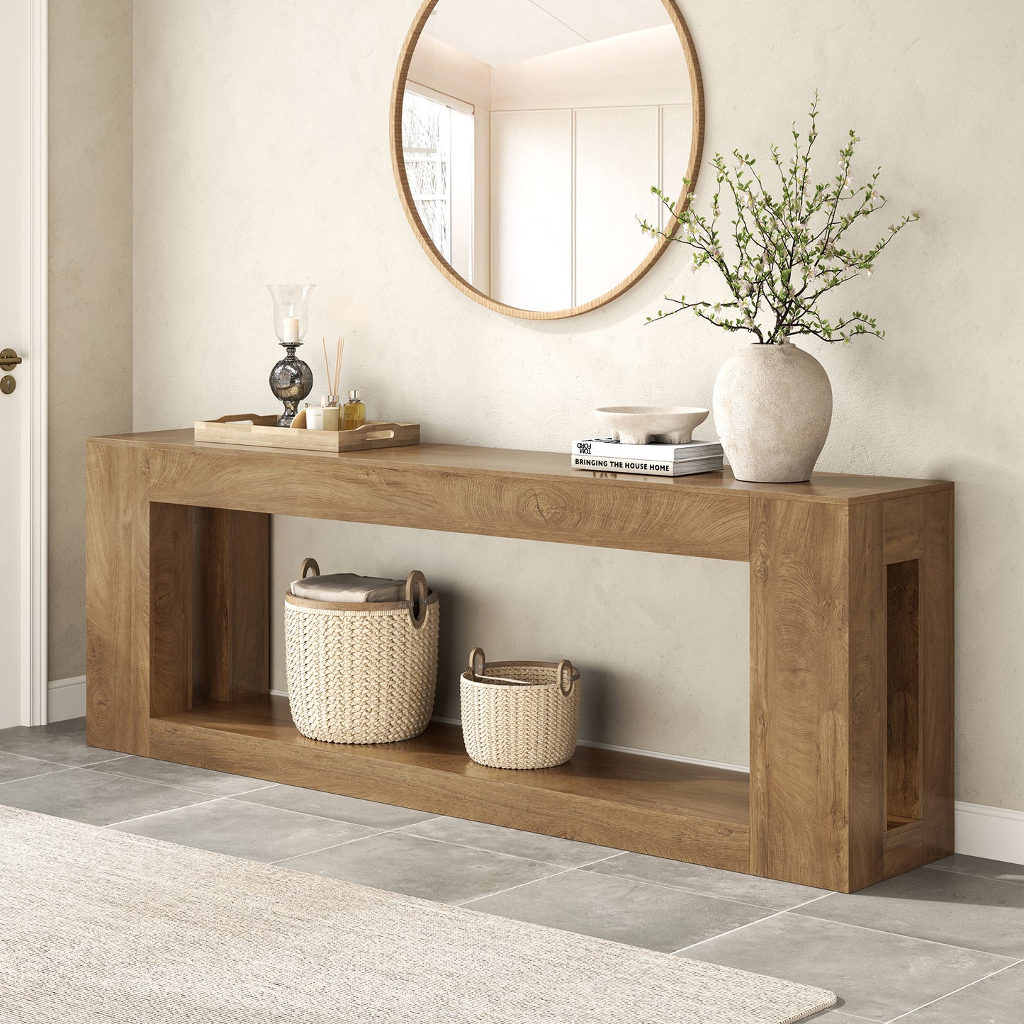 82.8-Inch Farmhouse Console Table with Storage Shelf, Natural Wood Finish - Extra Long Sofa Table Behind Couch, Entryway Table for Entrance, Hallway, Living Room