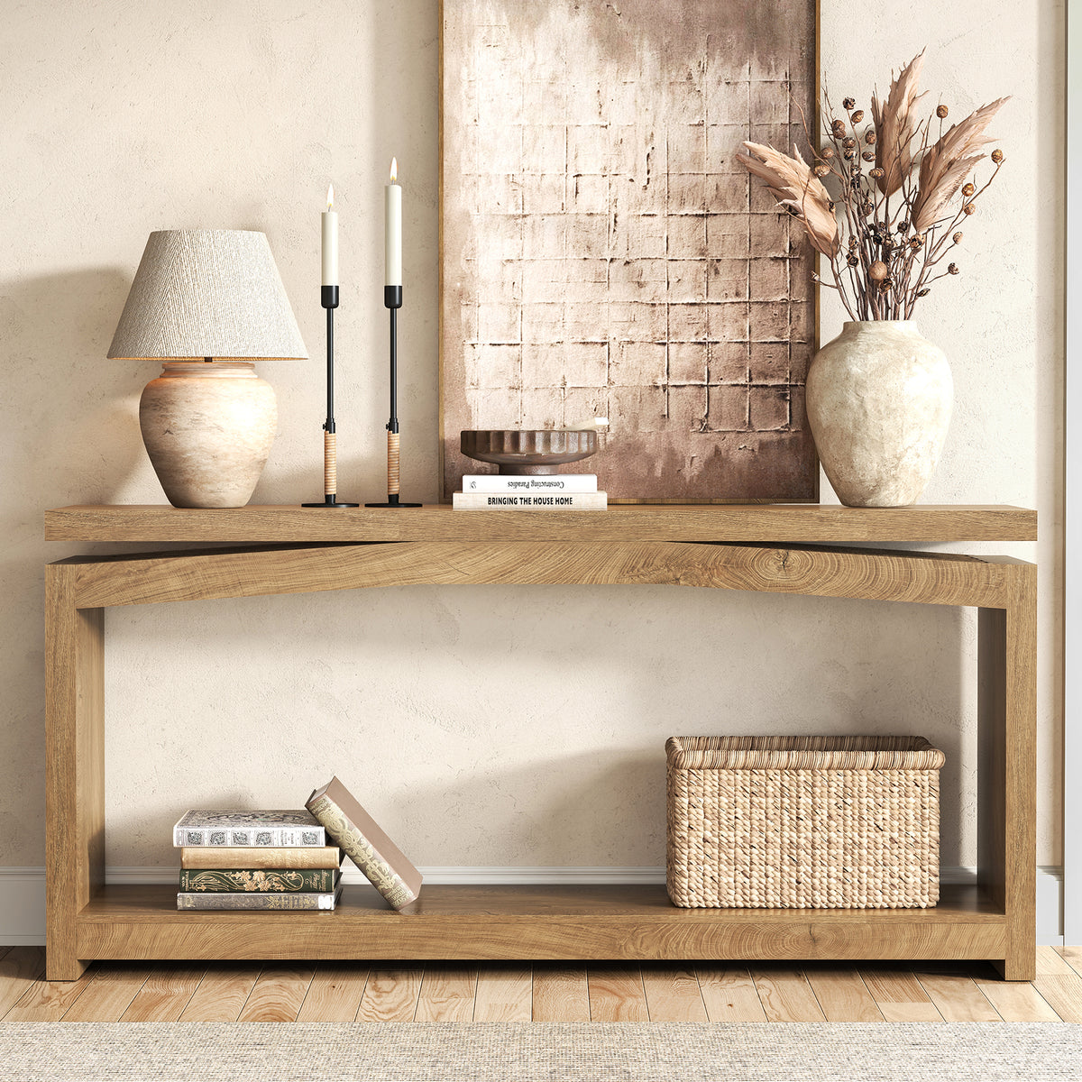 70 Inch Long Console Table for Entryway, Natural Oak Brown Farmhouse Console Table, Wood Sofa Table Behind Couch, 2 Tier Entrance Table with Storage Shelf for Hallway Living Room