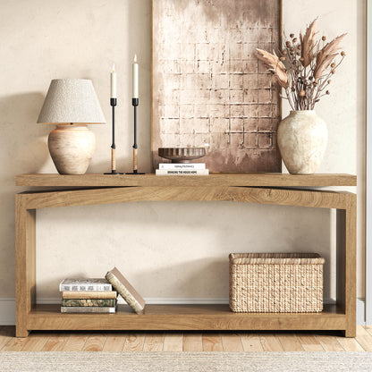 70 Inch Long Console Table for Entryway, Natural Oak Brown Farmhouse Console Table, Wood Sofa Table Behind Couch, 2 Tier Entrance Table with Storage Shelf for Hallway Living Room