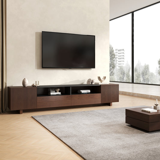 78.8 Inch TV Stand with Storage Cabinets for Living Room, TVs Media Console Entertainment Center with Drawers, Wood Fluted Television Stands with Open Shelves for Bedroom, Dark Brown Walnut