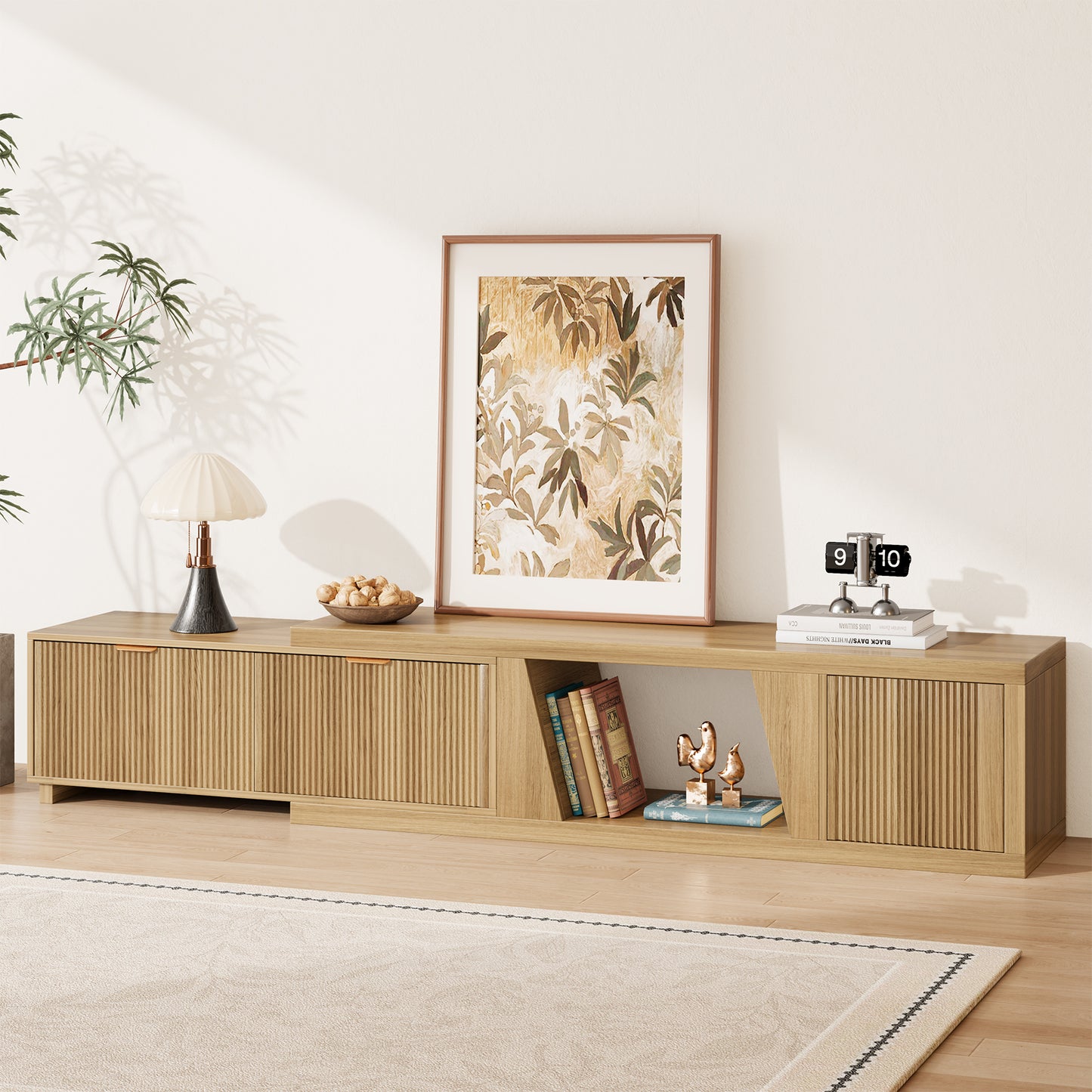 Extendable TV Console Large 64.57-98.43 Inch, Extra Long TV Stands for Living Room Flutted, Modern Oak TV Stand with 2 Drawers & Open Shelf, Light Oak