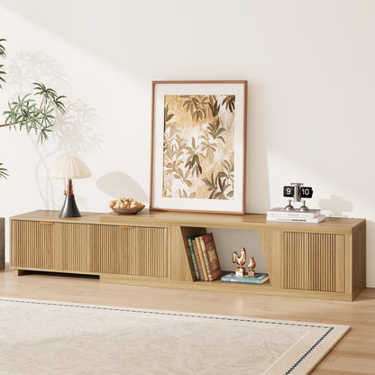 Extendable TV Console Large 64.57-98.43 Inch, Extra Long TV Stands for Living Room Flutted, Modern Oak TV Stand with 2 Drawers & Open Shelf, Light Oak
