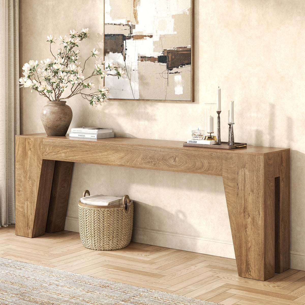 86-inch Extra Long Console Table, Couch Tables Behind Sofa Farmhouse Wood Entryway Table with Storage, Modern Console Tables for Living Room, Hallway, Entrance, Natural Oak Brown