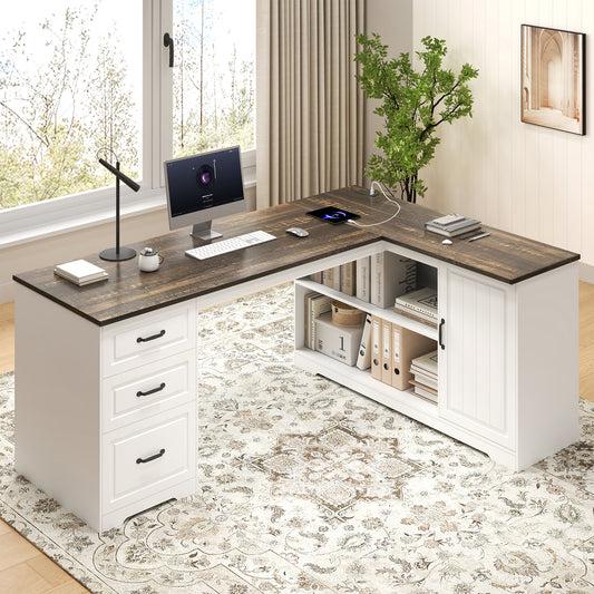L-Shaped Executive Desk with Power Outlet, Farmhouse Computer Desk with Drawer and Storage Cabinet, White Home Office Wood Corner Table for Writing Work Study, 63 Inch Large Bedroom Workstation