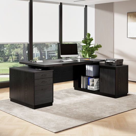 Epecoya L Shaped Desk with Drawers for Home, 78-Inch Executive Office Desk with Power Outlet, Large Home Office Desks with Open Shelf and Storage Cabinet for Home, Grey Black