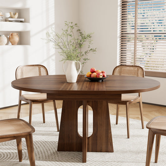 59-Inch Extendable Round Dining Table for Dining Room, 4-6 People Farmhouse Oval Wood Expandable Kitchen Dinner Table with Heavy Cross Pedestal for Living Room, Apartment, Dark Brown Walnut