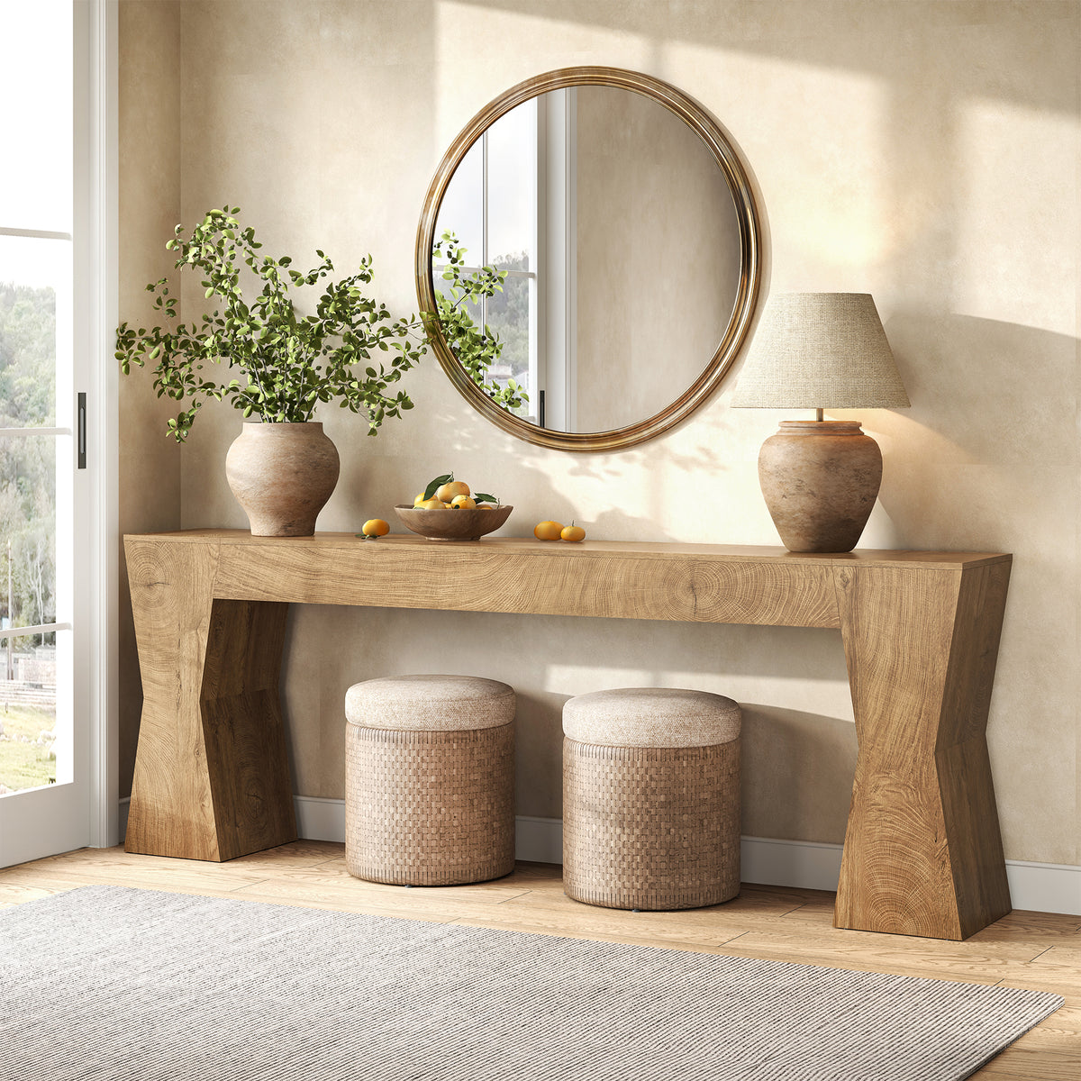 Extra Long Console Table for Living Room, Natural Oak Brown 86-Inch Entryway Table with X-Shaped Legs Wooden, Farmhouse Behind the Couch Table for Entrance, Hallway