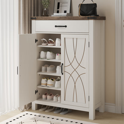 White Shoe Cabinet with Storage Shelf and Drawer for Entryway, Farmhouse 20 Pairs Freestanding Shoe Storage Organizer with 5 Tier Adjustable Shelves for Closet Living Room Hallway, Brown White