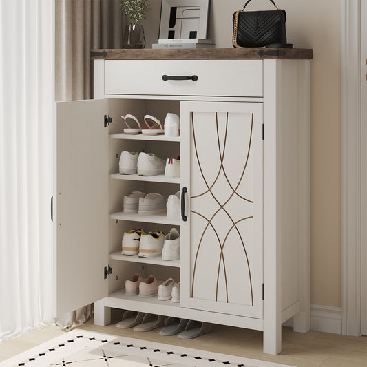 White Shoe Cabinet with Storage Shelf and Drawer for Entryway, Farmhouse 20 Pairs Freestanding Shoe Storage Organizer with 5 Tier Adjustable Shelves for Closet Living Room Hallway, Brown White