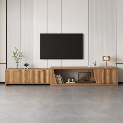 Extendable TV Stand with Storage Cabinet for Living Room, 98.5-Inch Extra Long TVs Media Console Wood Fluted Television Stands with Adjustable Shelf and Drawers for Bedroom, Rustic Brown (63"W-98.5"W)