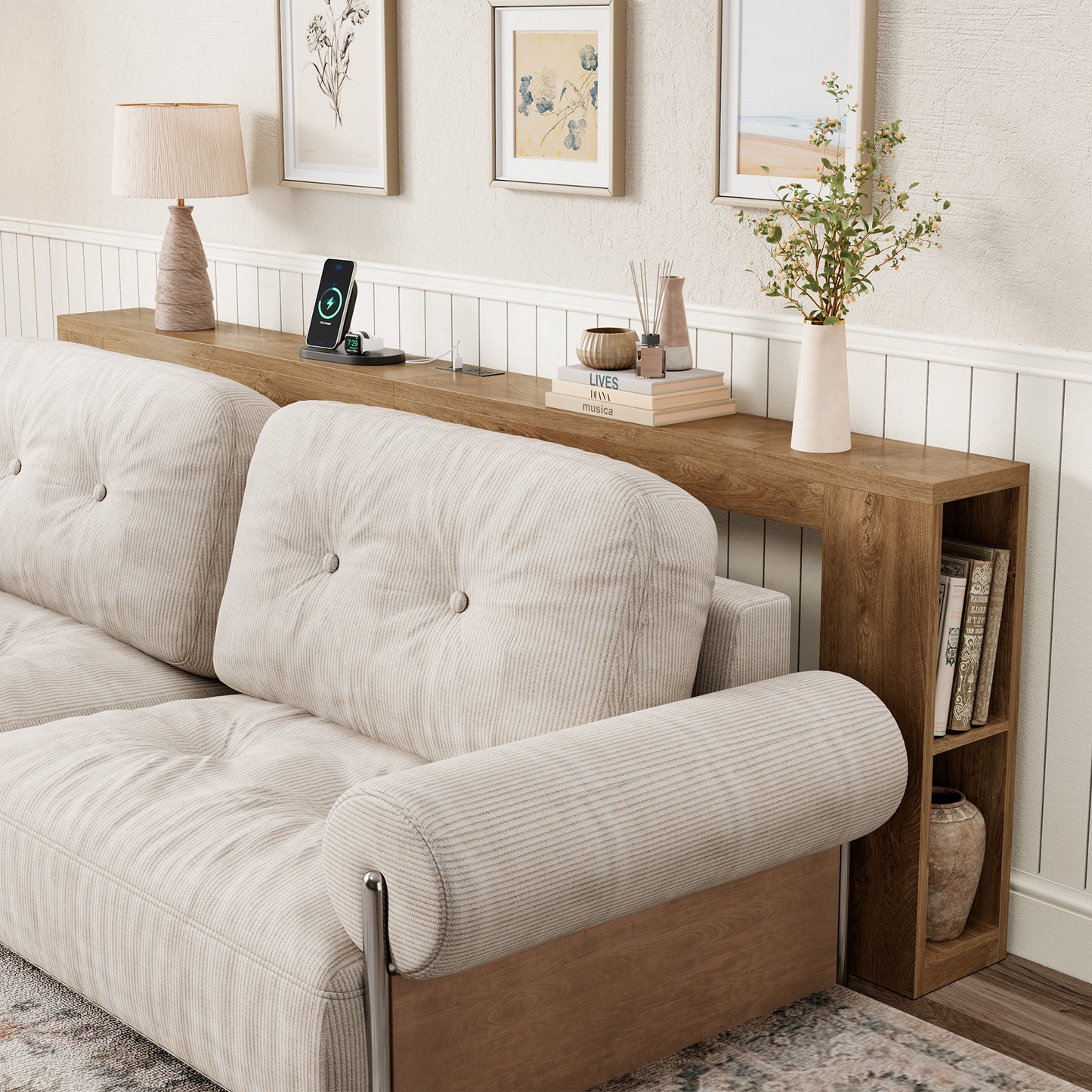 94.5-Inch Extra Long Console Table with USB Outlet & Storage, Narrow Sofa Behind Couch Table with Charging Station, Farmhouse Wood Entryway Table for Hallway Foyer Living Room, Oak Brown