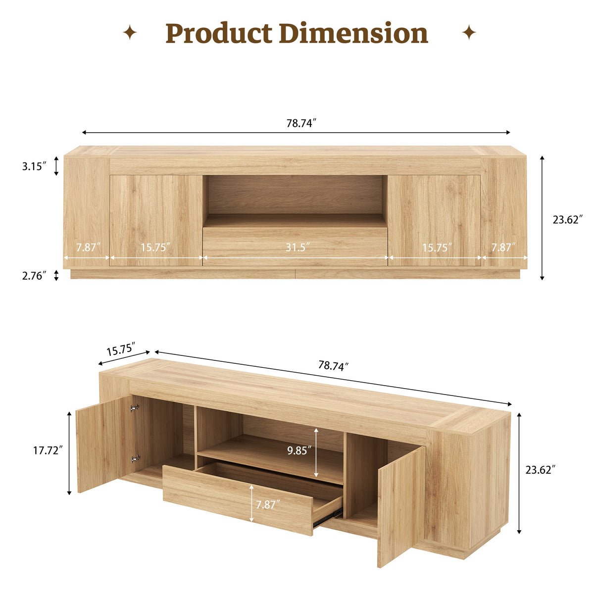 Light Wood Entertainment Center with Drawers, 78-Inch Modern TV Stands for Living Room, Farmhouse TV Console Cabinets with Open Section, Natural Teak