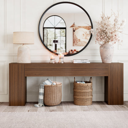 86-Inch Console Table Behind Couch Mid Century, Walnut Brown Wooden Sofa Table Narrow Long, Extra Long Console Table for Entryway, Hallway, Living Room