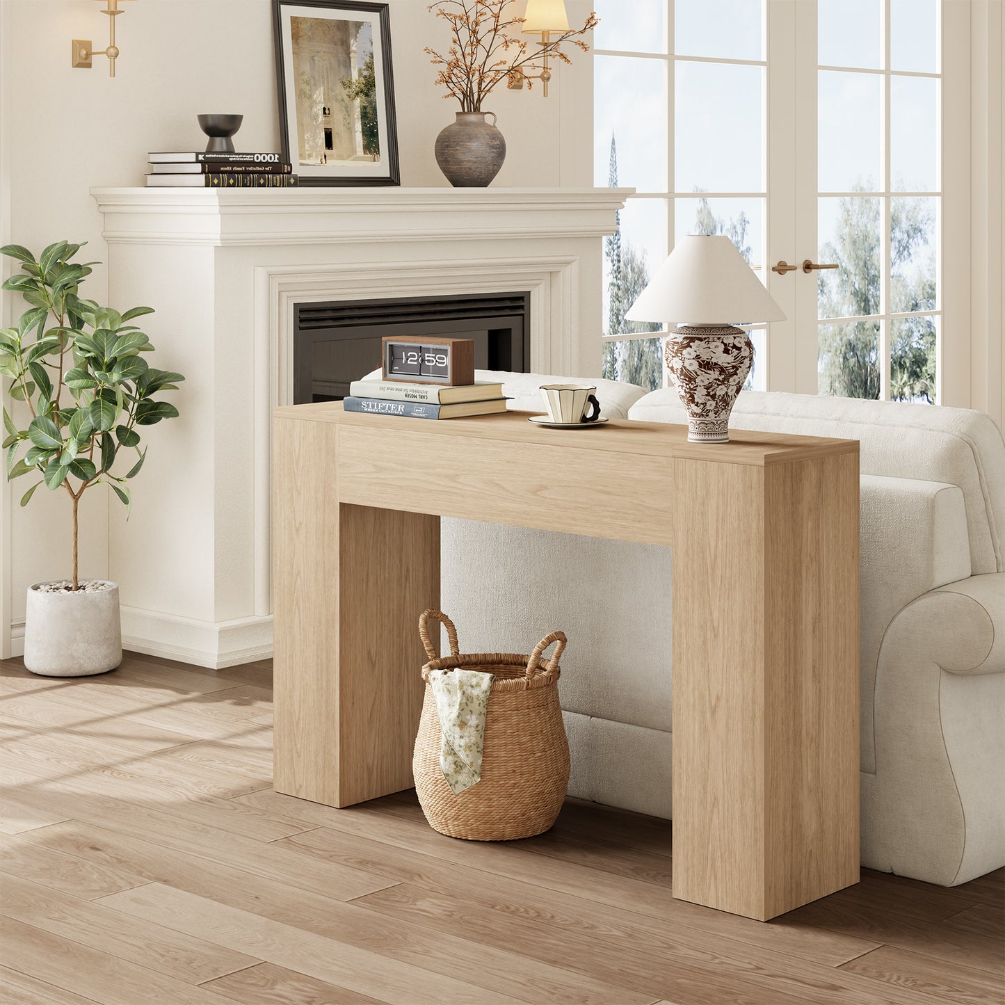 43 Inch Small Light Oak Console Table for Hallway Entryway Entrance | Farmhouse Wood Table, Small Console, for Living Room Behind Couch Sofa, Easy Assembly