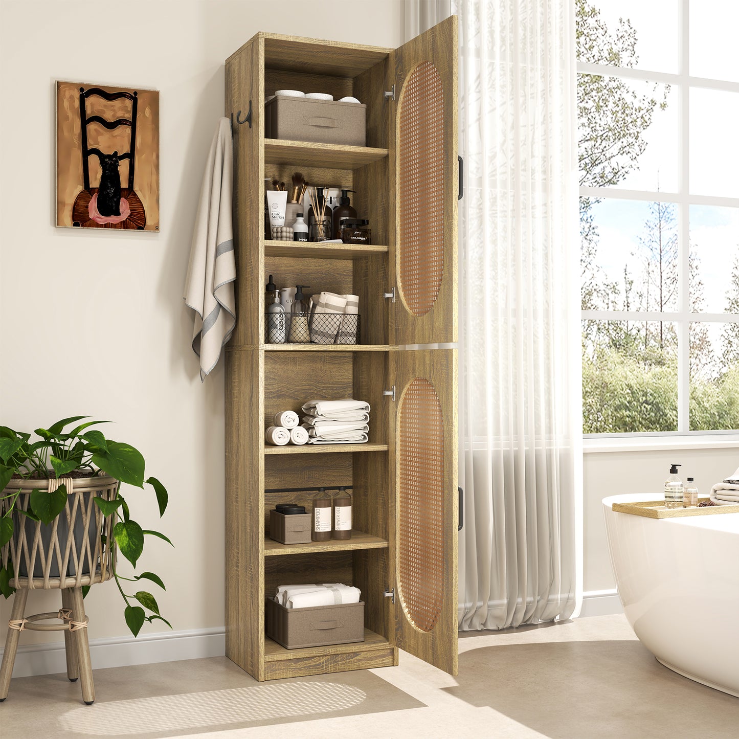 66-Inch Bathroom Storage Cabinet with 2 Rattan Doors for Toilet, Tall Narrow Bath Room Cabinets, Slim Wooden Floor Storage Cabinets with Adjustable Shelves and 4 Hooks for Restroom, Brown