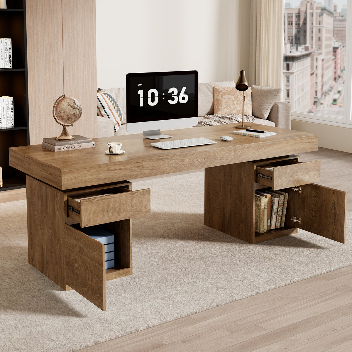71-Inch Wood Executive Desk with Storage, Home Office Desk Large Computer Desk with Drawers & Cabinets, Farmhouse Writing Table for Work, Study, Business Workstation, Natural Oak Brown