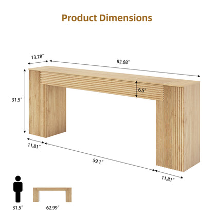 Extra Long Console Table 82 Inch, Wooden Sofa Table, Entryway Table | Wavy Textured Design | Light Oak Brown | Farmhouse Natural Wood Finish | Behind Couch | Living Room, Entrance, Hallway