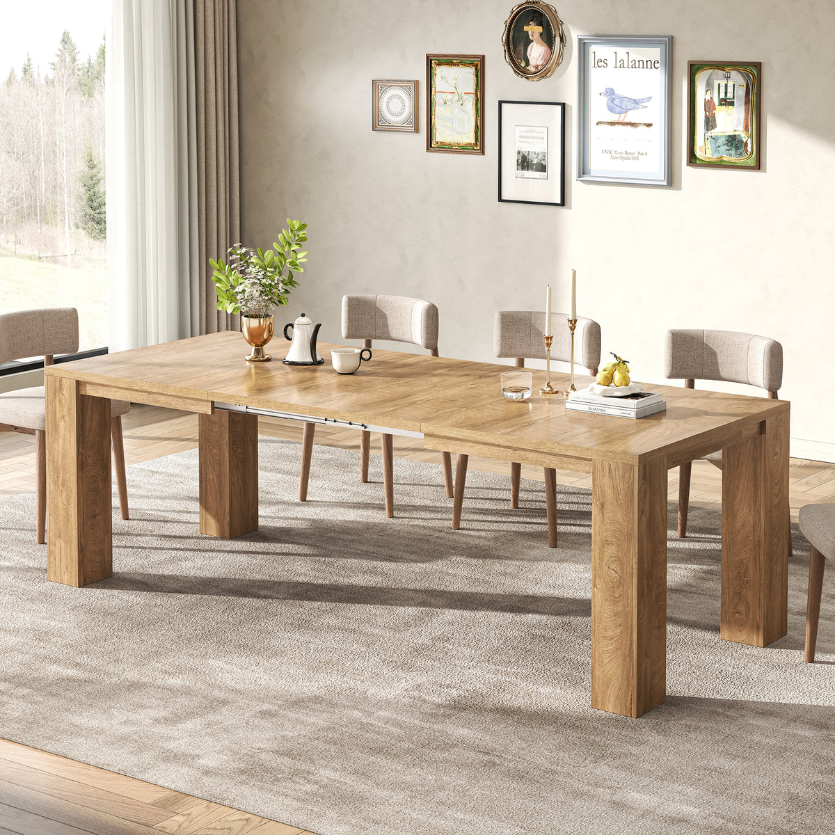 Extendable Dining Tables for 4-10, Modern Farmhouse Kitchen Table 55"-87" Expandable Rectangular Dining Table with 2 Leaves, Transformer Dinner Tables for Living Room, Natural Oak Brown
