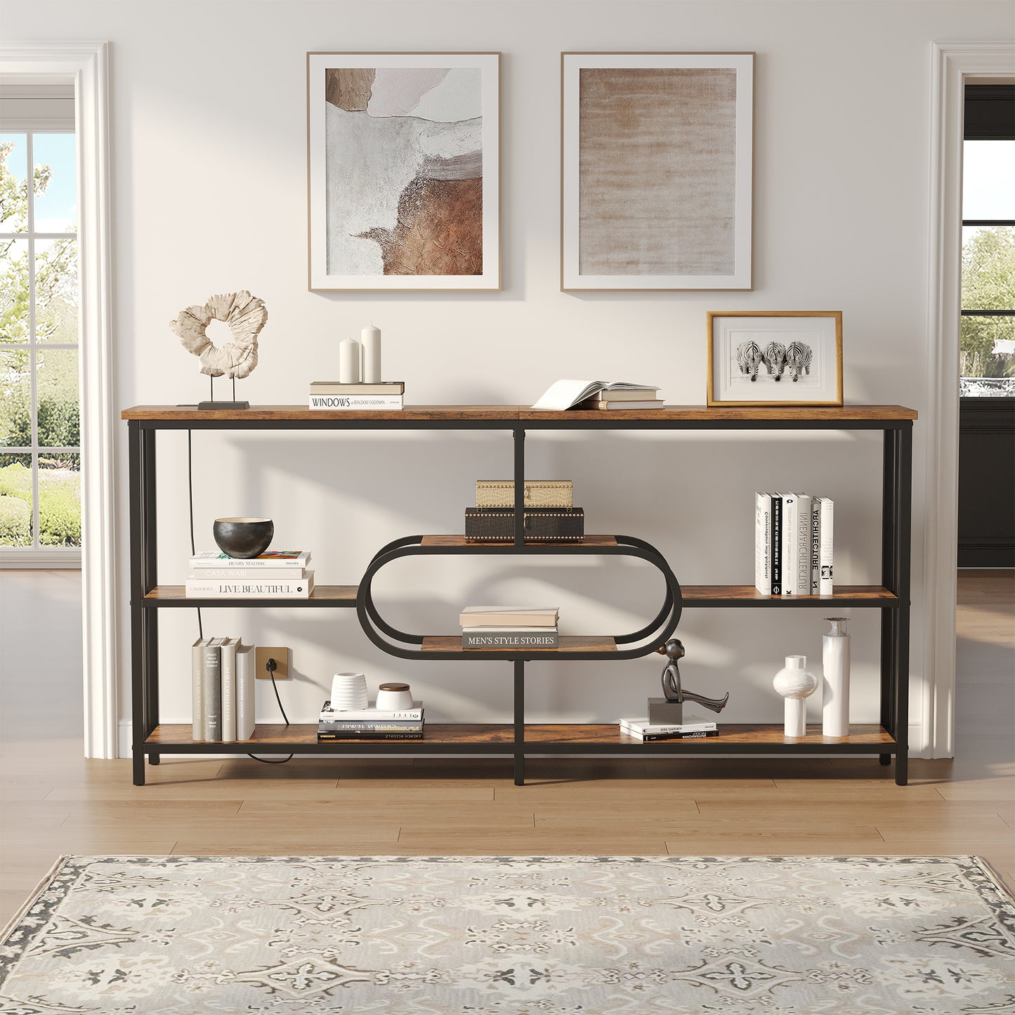 70.9-Inch Industrial Console Table with 3-Tier Shelves and Power Outlet for Living Room Entryway, Long Sofa Table with Metal Frame and Storage Shelf for Hallway Behind Couch, Rustic Brown