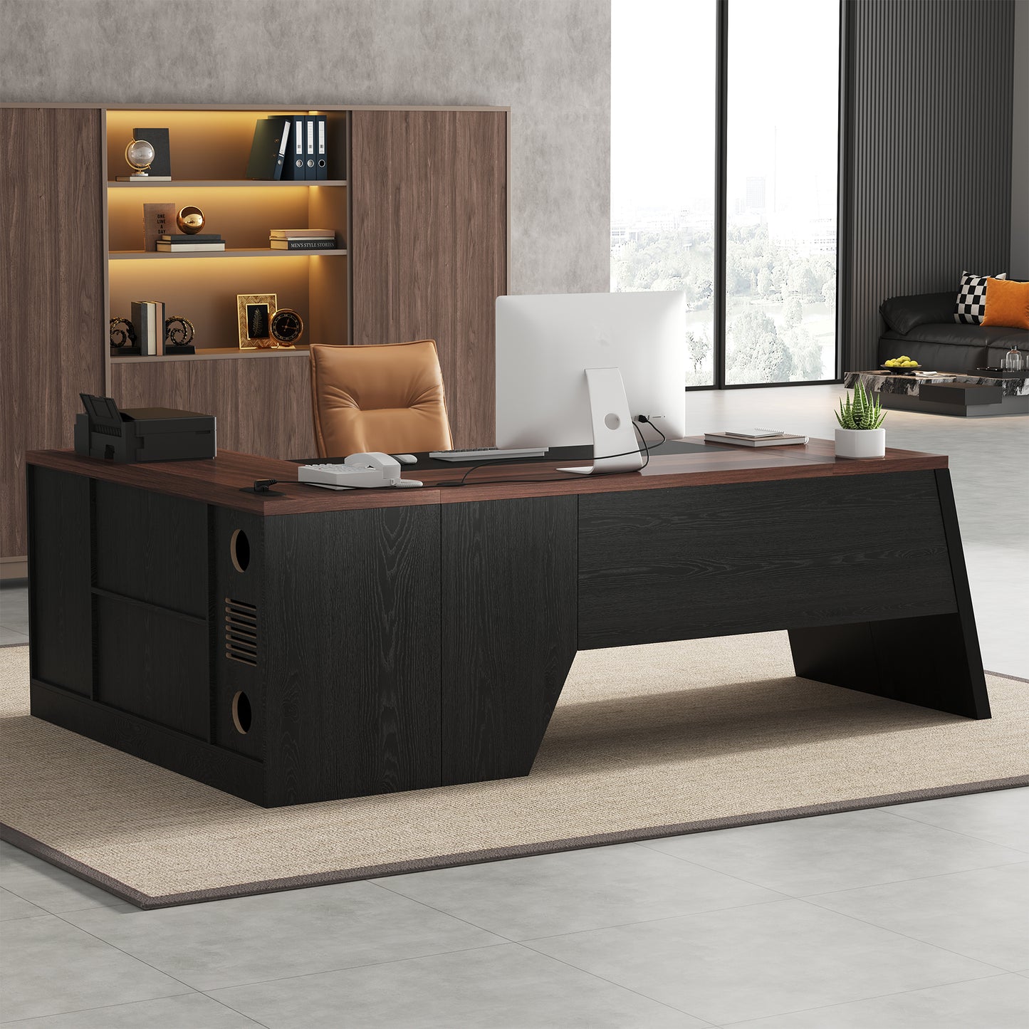 L-Shaped Executive Desk with Power Outlet, 78-Inch Large Office Desk with Storage Drawer and Lateral File Cabinet, Modern Computer Table with Open Shelf and PC Stand for Home Office Study, Brown Black