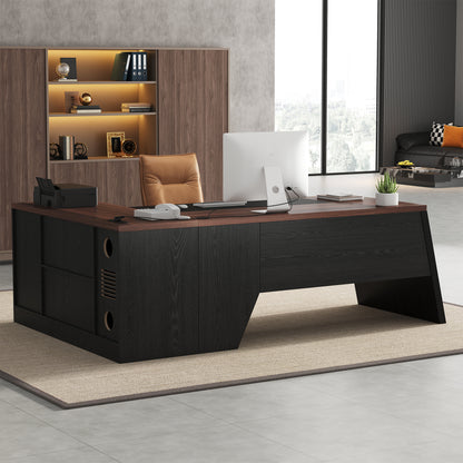 L-Shaped Executive Desk with Power Outlet, 78-Inch Large Office Desk with Storage Drawer and Lateral File Cabinet, Modern Computer Table with Open Shelf and PC Stand for Home Office Study, Brown Black